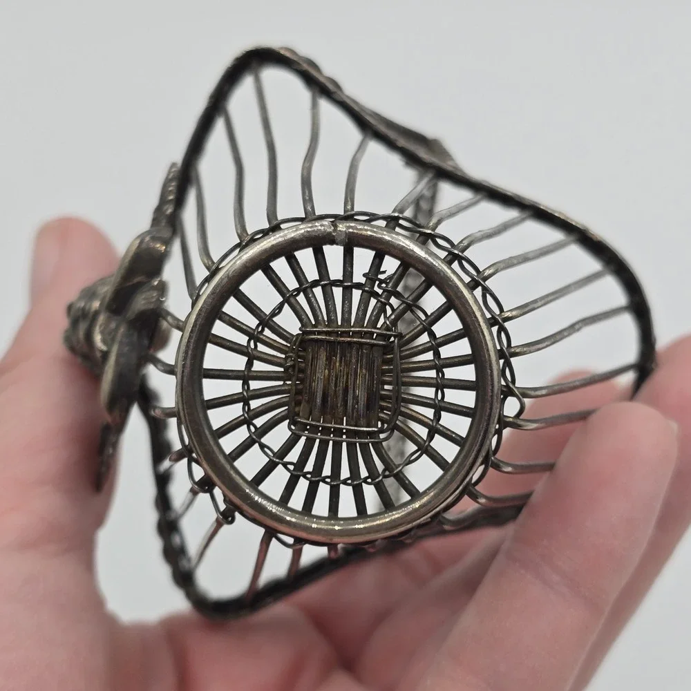 Vintage Silver Tone Wire Metal Decorative Mini Basket Angel Cherub On Front